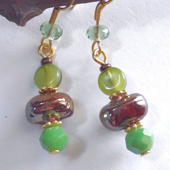 artisan earrings 618#mfs NEW boho Green & fireglaze brown glass drop earrings fa - Picture 2 of 5